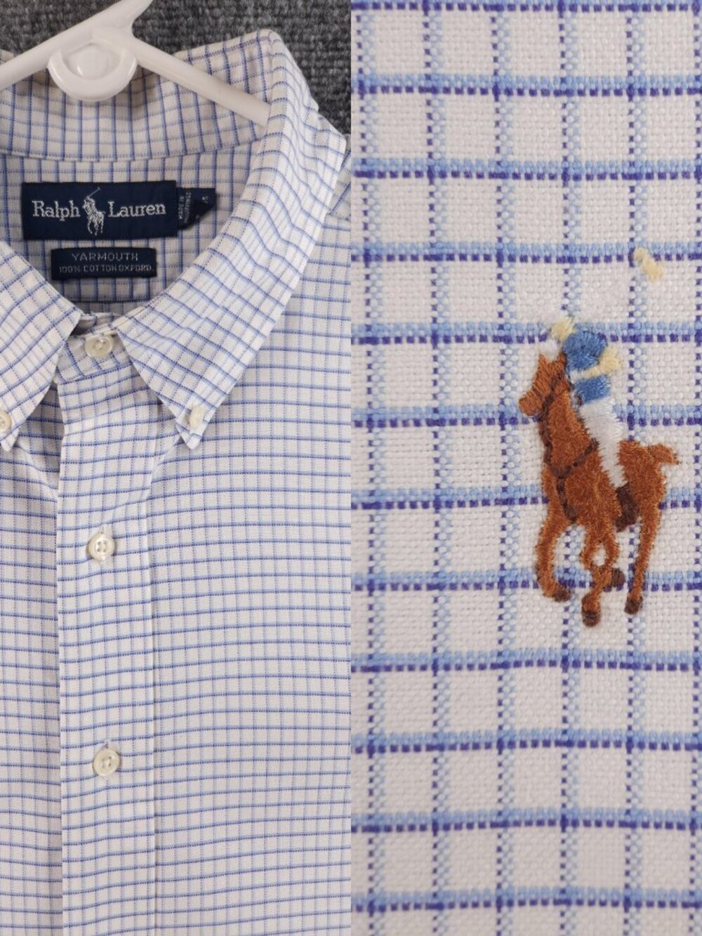 Ralph Lauren Yarmouth 17 34/35 100% Cotton Oxford Blue Purple Check Flesh Pony